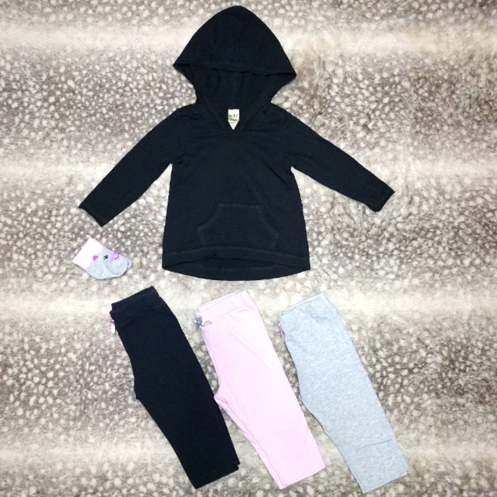Hooded long sleeve shirt, 3 pants, 1 pj